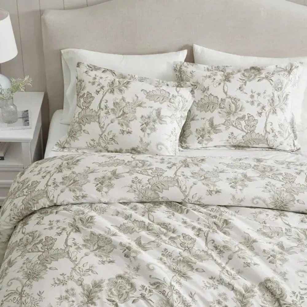 Avery Floral 3-Piece Moonlight Grey Cotton Sateen King Comforter Set